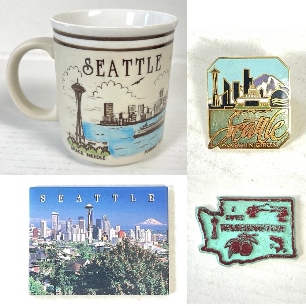 Seattle Vintage Coffee Mug Enamel Pin Magnet Lot with Space Needle Washington