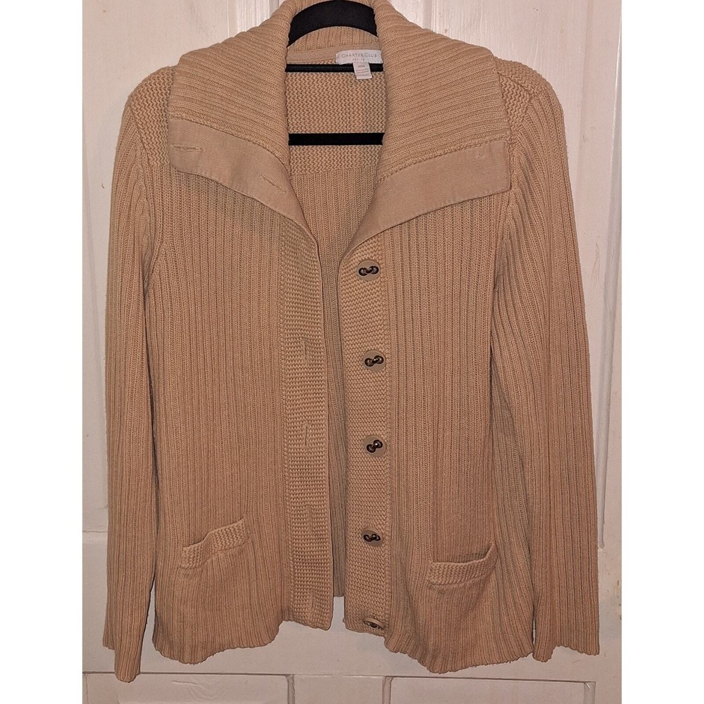 Charter Club Tan Chucky Cardigan Sweater Size PM Office Warm Heavy Cozy Winter