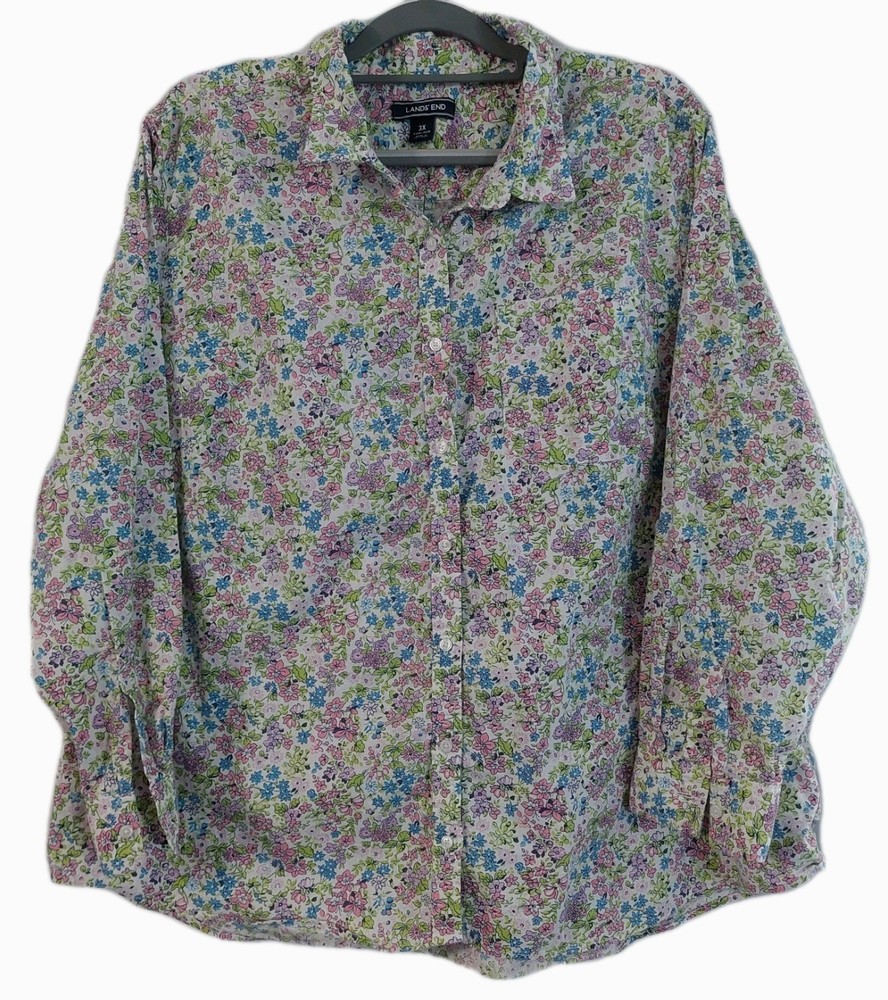 Lands End Womens Shirt Size 3X Floral Button Up Linen Cotton Blend