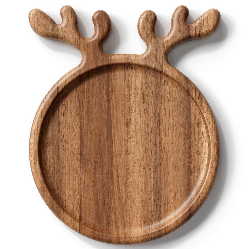 Acacia Wood Serving Platter Christmas Decorative Reindeer Antler 12