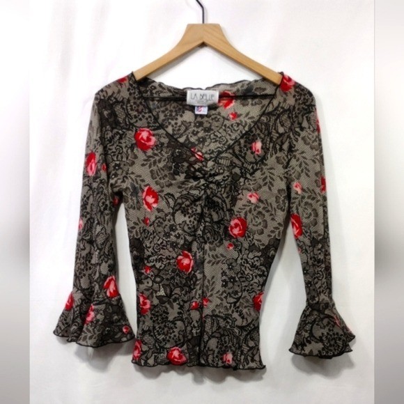 Vintage La Belle Floral Y2K Blouse Womens L Black Red Bobo Retro 90s Made In USA