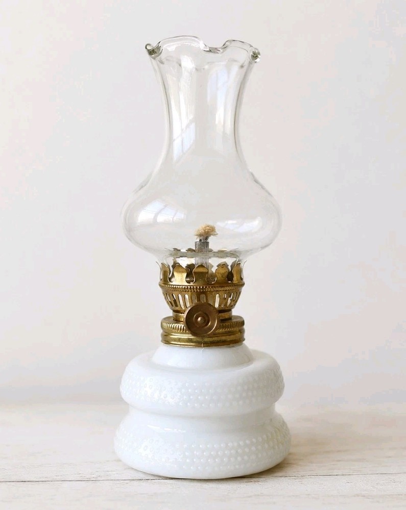 Vintage Mini Milk Glass Hobnail Oil Lamp w/ Glass Chimney & Wick