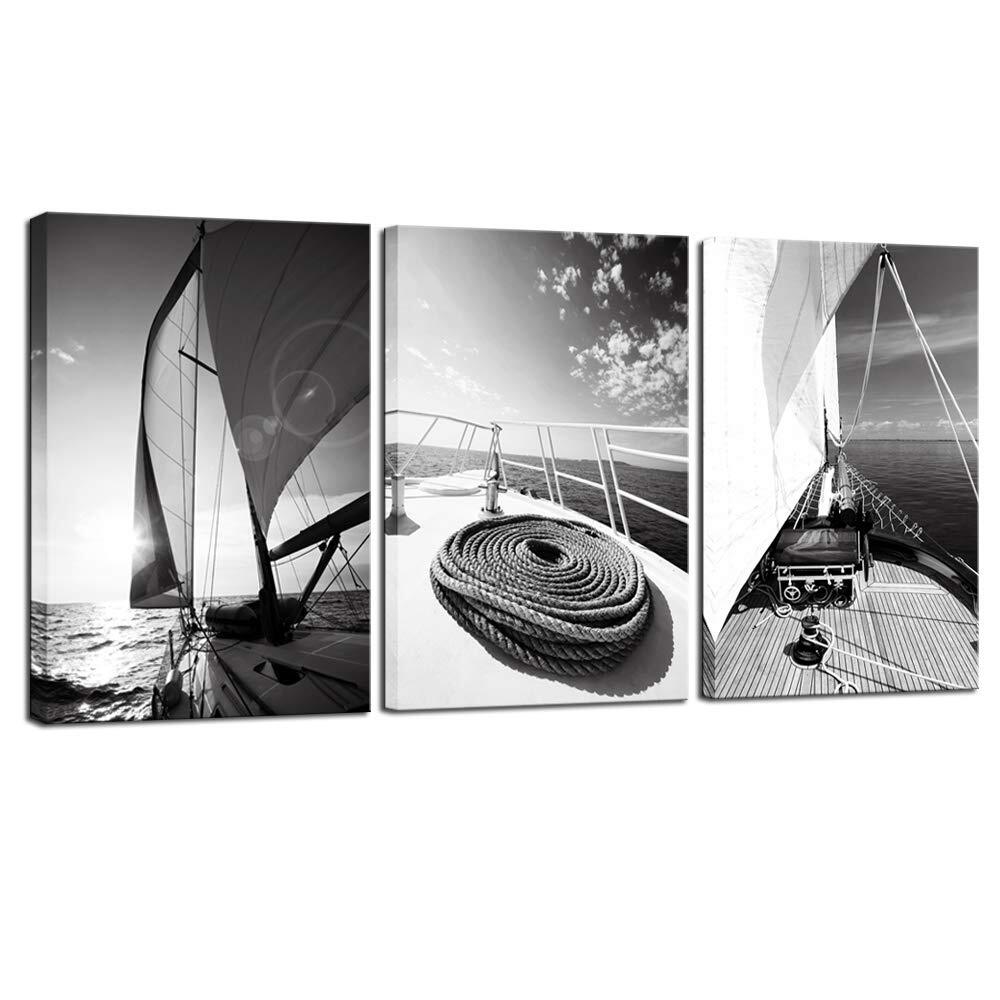 3 Piece Black and White Wall Art Yacht Sailboat at Sunset Pictures Painting N...