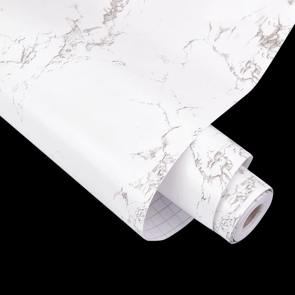 White Marble Pattern Shelf and Drawer Liner Peel-Stick Kitchen Storage Sidebo...
