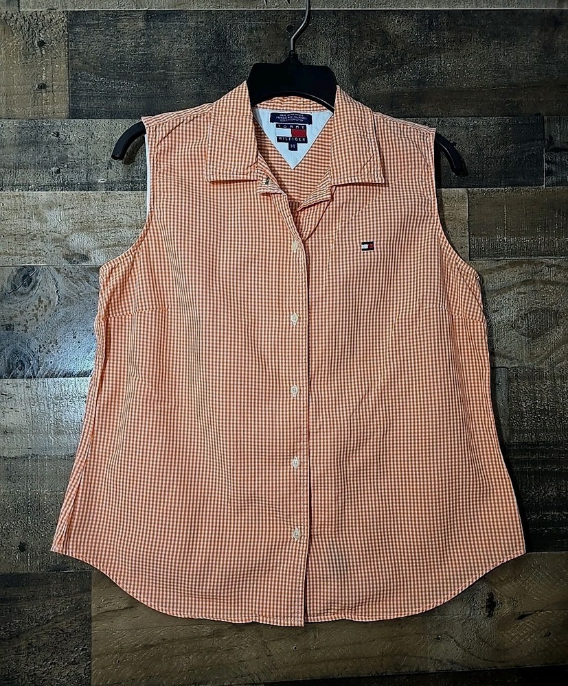 Tommy Hilfiger Button Up Top Women 14 Orange Gingham Classic Preppy Cottagecore