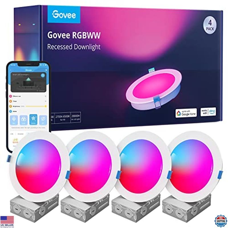 Smart 6in RGBWW Recessed LED Lights - Wi-Fi & Bluetooth, 1100LM, 4-Pack