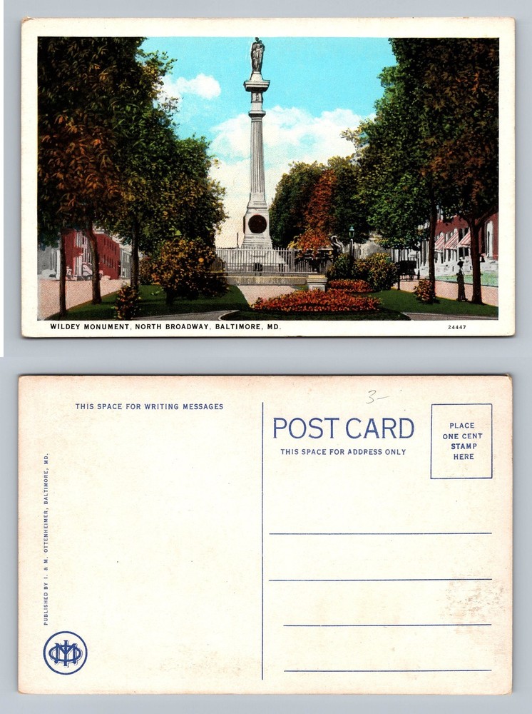 Baltimore, MD-Maryland, Wildey Monument Broadway Trees View Vintage Postcard
