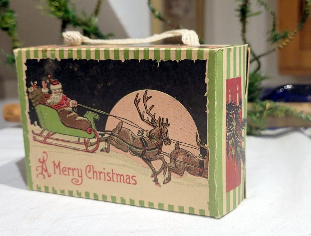 Christmas Candy Box & Ornament, Santa heading into the Sky. USA, 1930s