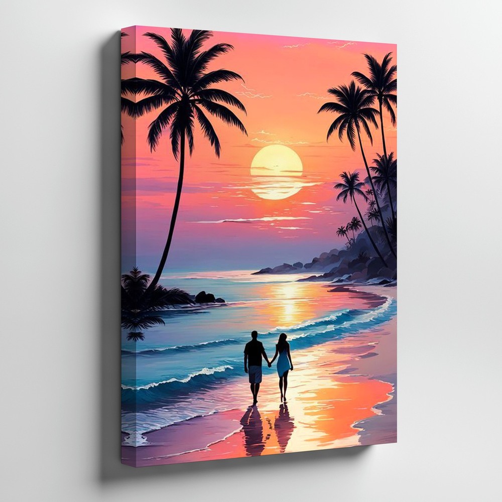 Romantic Couple Walking Beach Palm Trees Sunset Ocean Canvas Wall Art Print