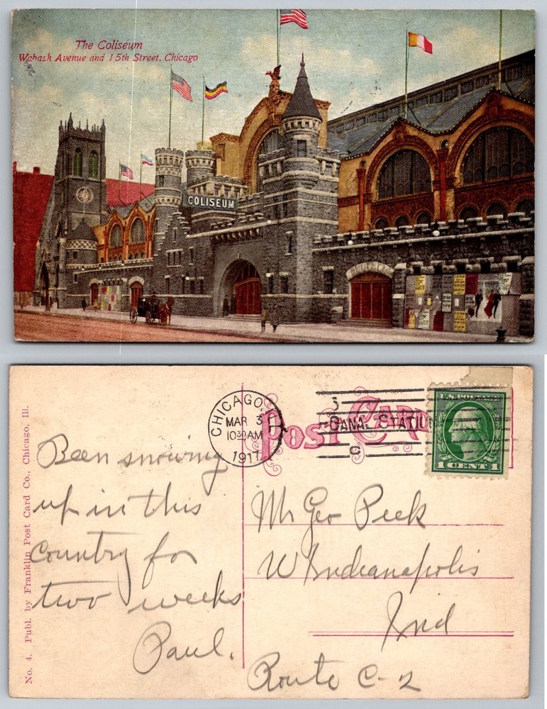 1911 Chicago Coliseum Postcard Wabash Ave 15th St Franklin Post Card Co Posted