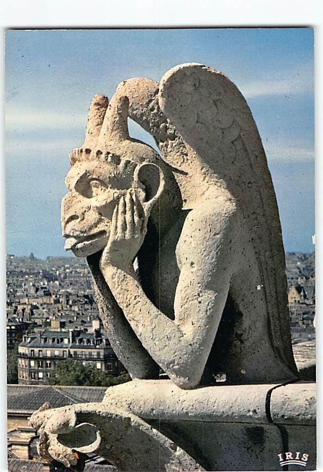 Postcard Le Stryge atop the Notre-Dame Cathedral in Paris France
