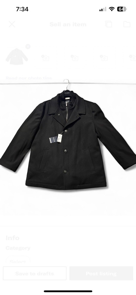 Jos A Bank Mens Wool Trench Peacoat Blazer in Black Charcoal Size XL