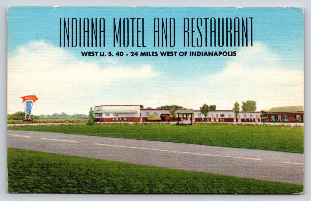 Indianapolis IN~Indiana Motel~Restaurant~Roadside View~Sign~Linen 1940s Postcard