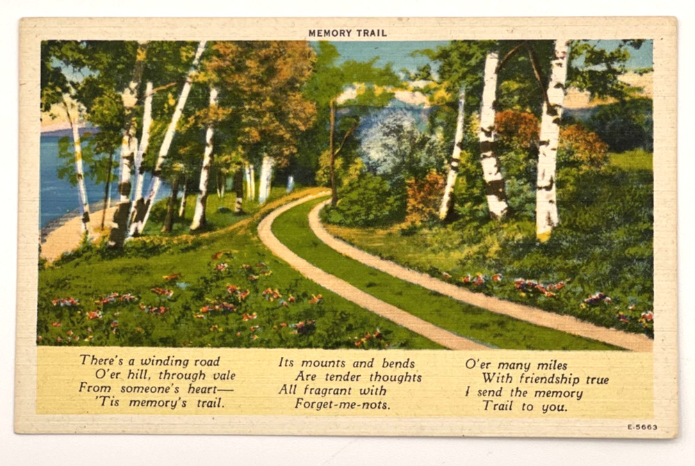 Memory Trail Linen Postcard Winding Road Poem Birch Trees Vintage