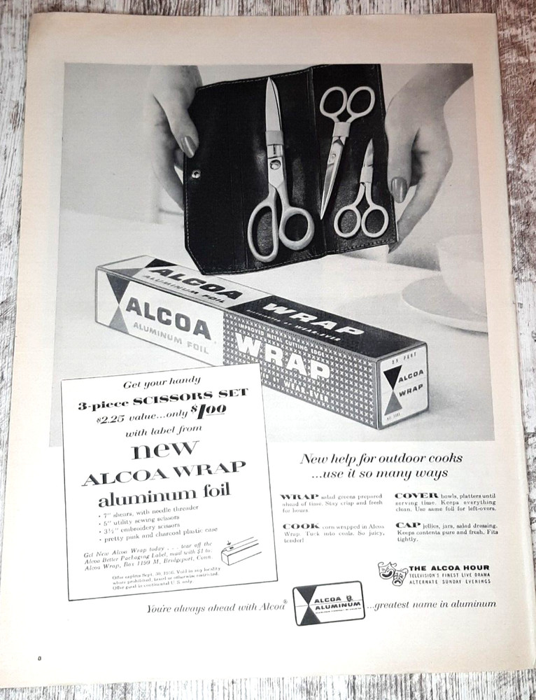 1956 Alcoa Vintage Print Ad Aluminum Foil Wrap Scissors Set Outdoor Cooking B&W
