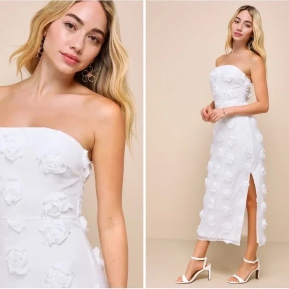Lulus Posh Appearance White 3D Floral Appliqué Strapless Midi Dress Size XS