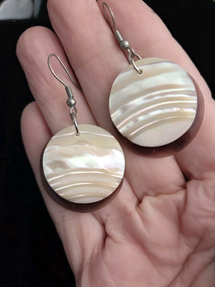 Vintage MOTHER OF PEARL Earrings Large Brown Double Circles Pierced Dangles