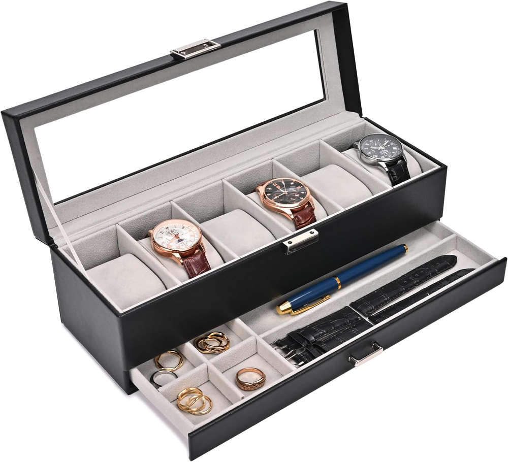 Watch Box for Men, 6 Slot Watch Display Case with Drawer, Mens Watch Case with G
