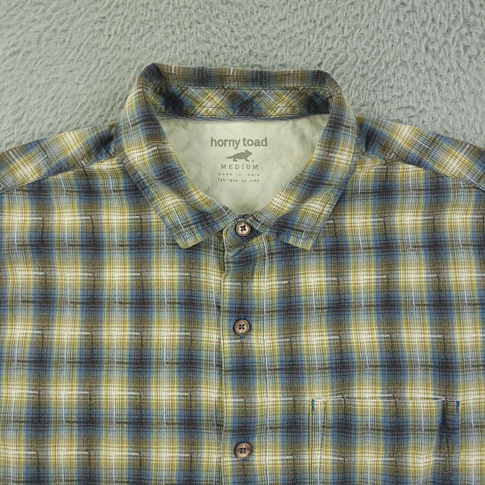 Horny Toad Shirt Mens Medium Blue Yellow Plaid Short Sleeve Organic Cotton