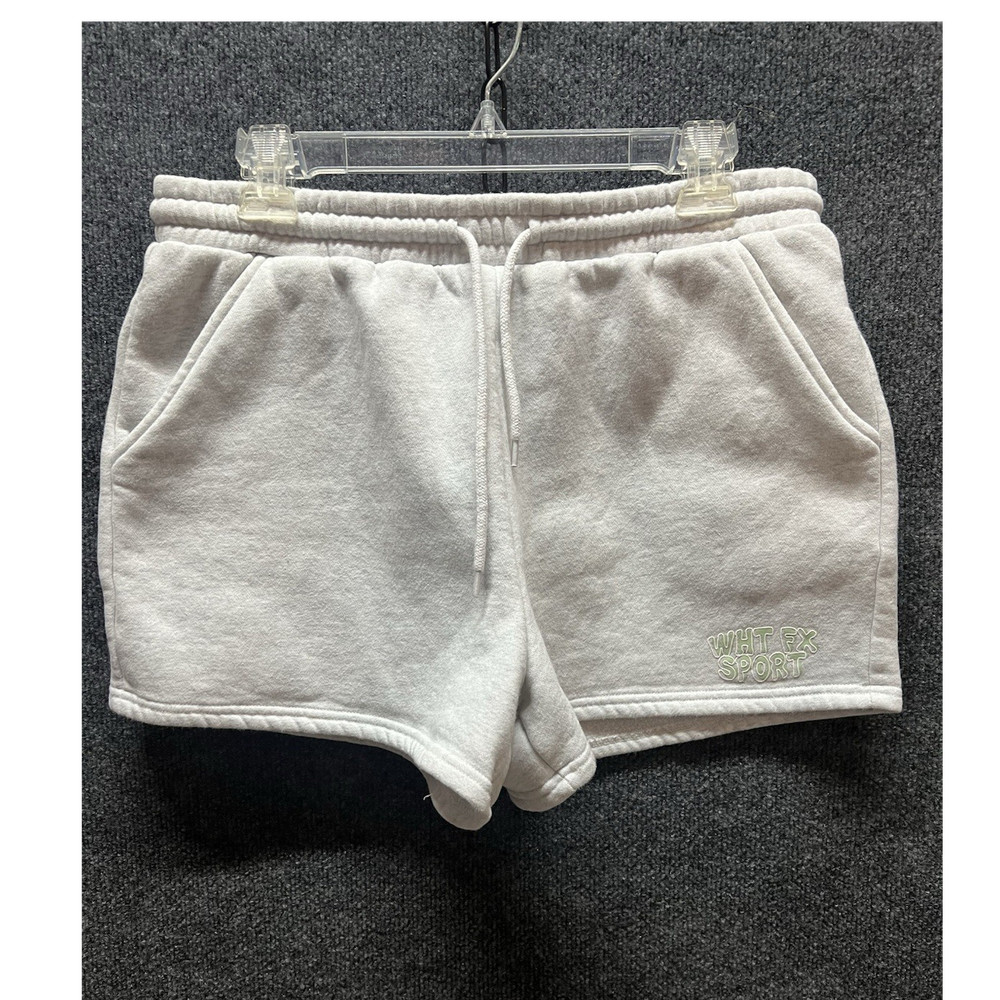 White Fox Women’s Gray Solid Athletic Shorts L Drawstring Pockets Cotton