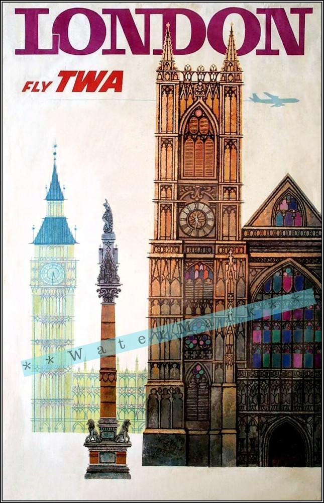 Vintage 1950 TWA London England Air Travel Retro Art Print  
