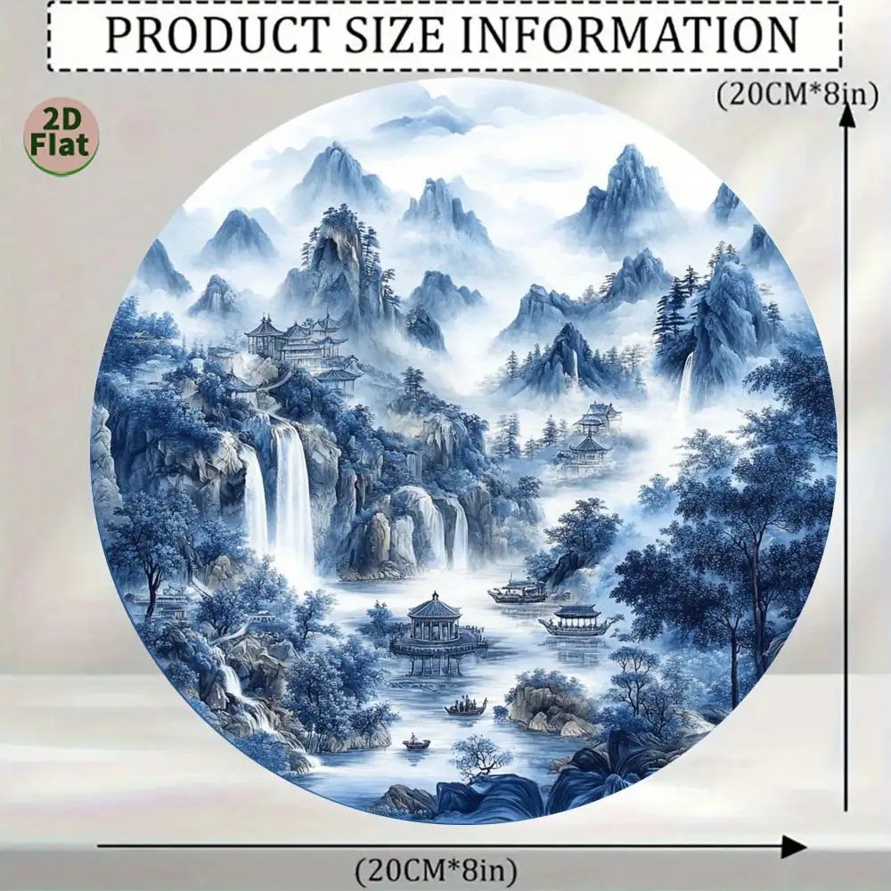 Traditional Chinese Landscape Round Aluminum Wall Art Mountains Pagodas