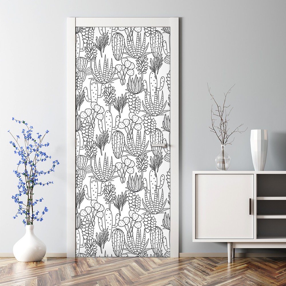 Removable Door sticker Handdrawn cactus pattern Wall covering self adhesive art