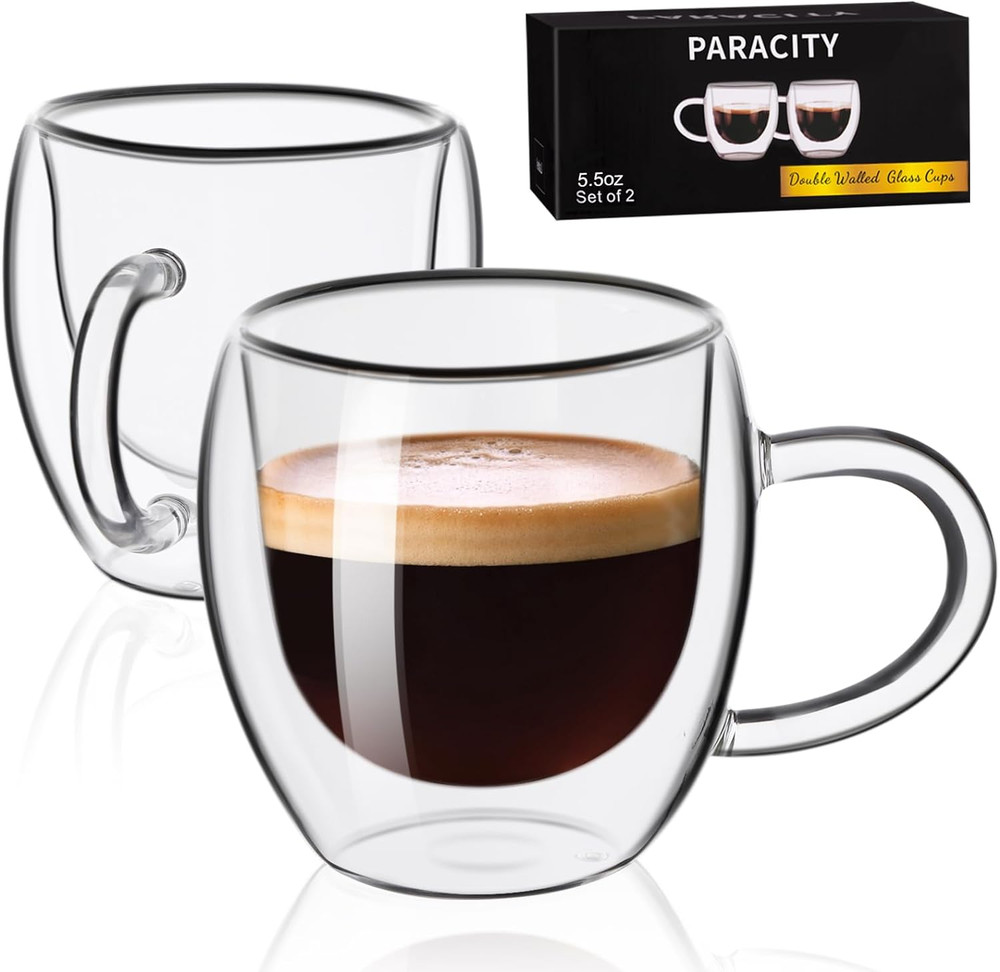 Espresso Cups Set of 2, Double Wall Insulated Glass Coffee Mugs 5.5 OZ, Cappucci