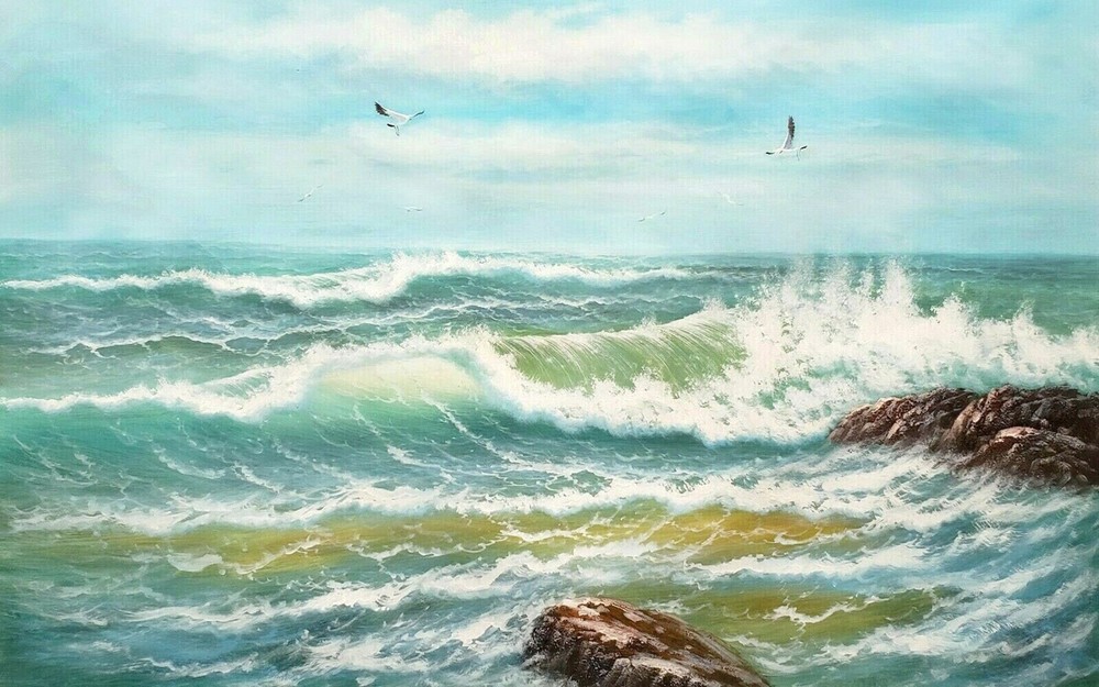 OCEAN WAVES Oil Painting 28x48 Gallery Wrap Giclee Canvas **SALE
