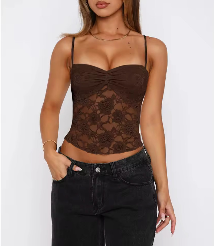 Women's Floral Lace Corset Cami Top Ruched Sweetheart Spaghetti Strap Y2K