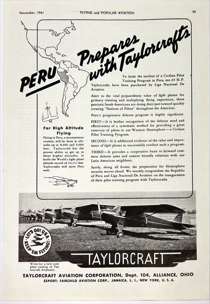 TaylorCraft Aviation: For High Flying Altitudes, Peru, Vintage Print Ad 1941