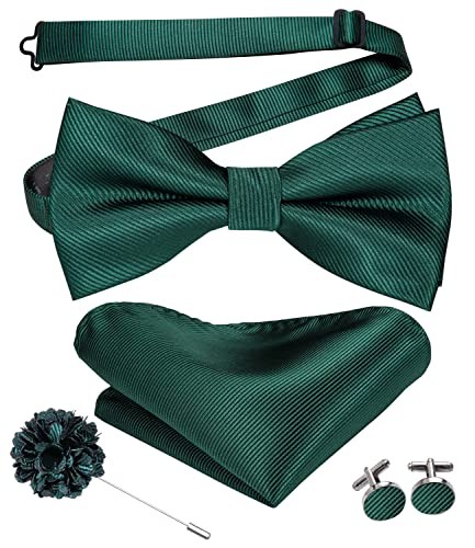 Men's Dark Green Pre-Tied Bow Tie Set with Pocket Square & Cufflinks