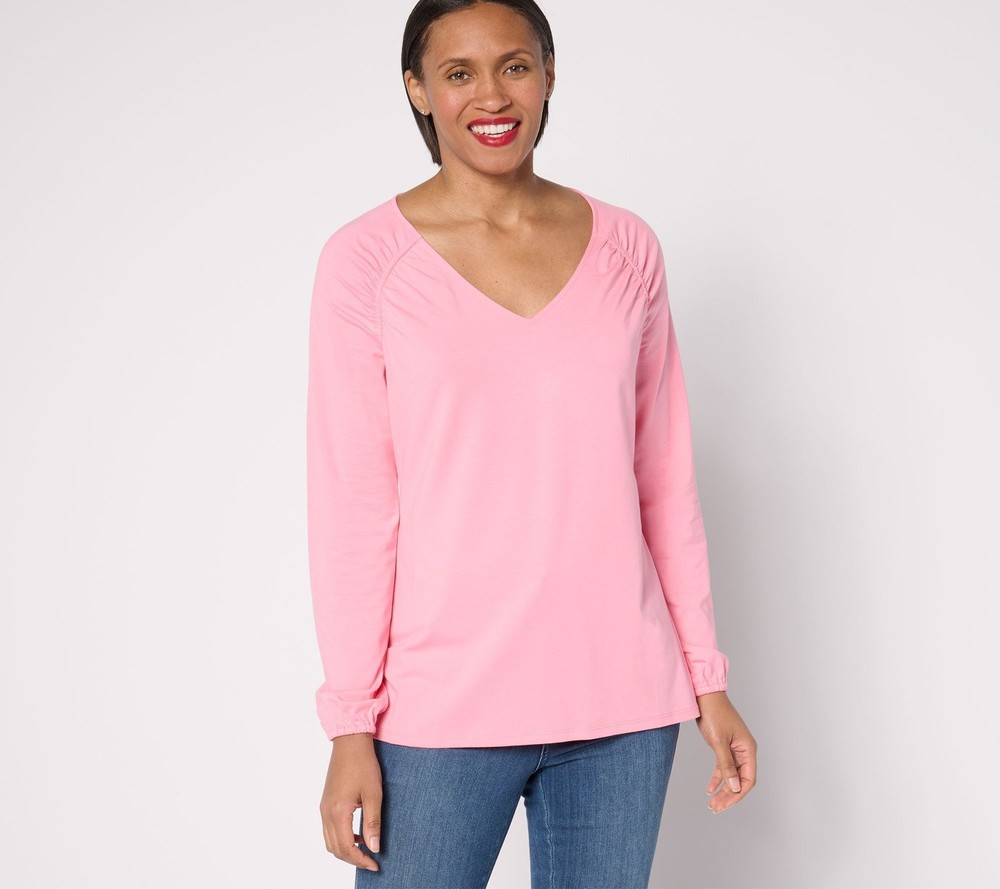 Maya J Women's Top Plus Sz 3X TripleLuxe Knit Ruched Shoulder V-Neck Pink