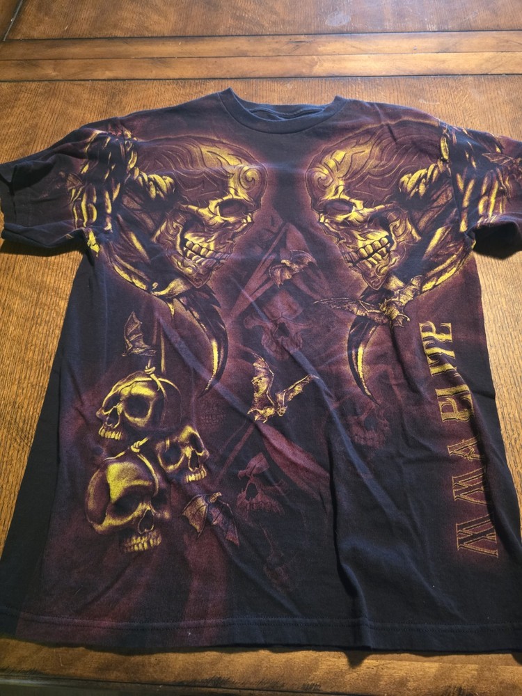 MMA Elite Skull Grim Reaper Bats AOP Shirt Size L Affliction Style Y2K