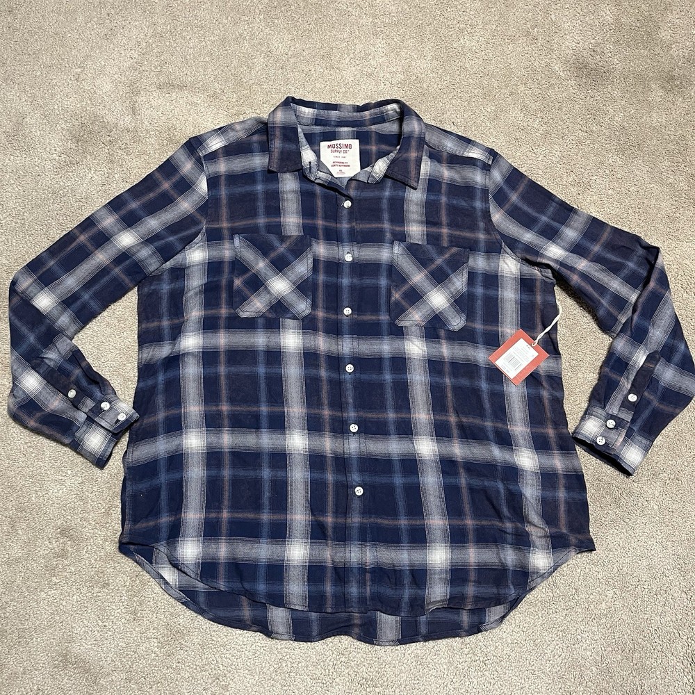 NWT Mossimo Supply Co Boyfriend Fit Flannel Style Women XL Plaid Blue Button Up