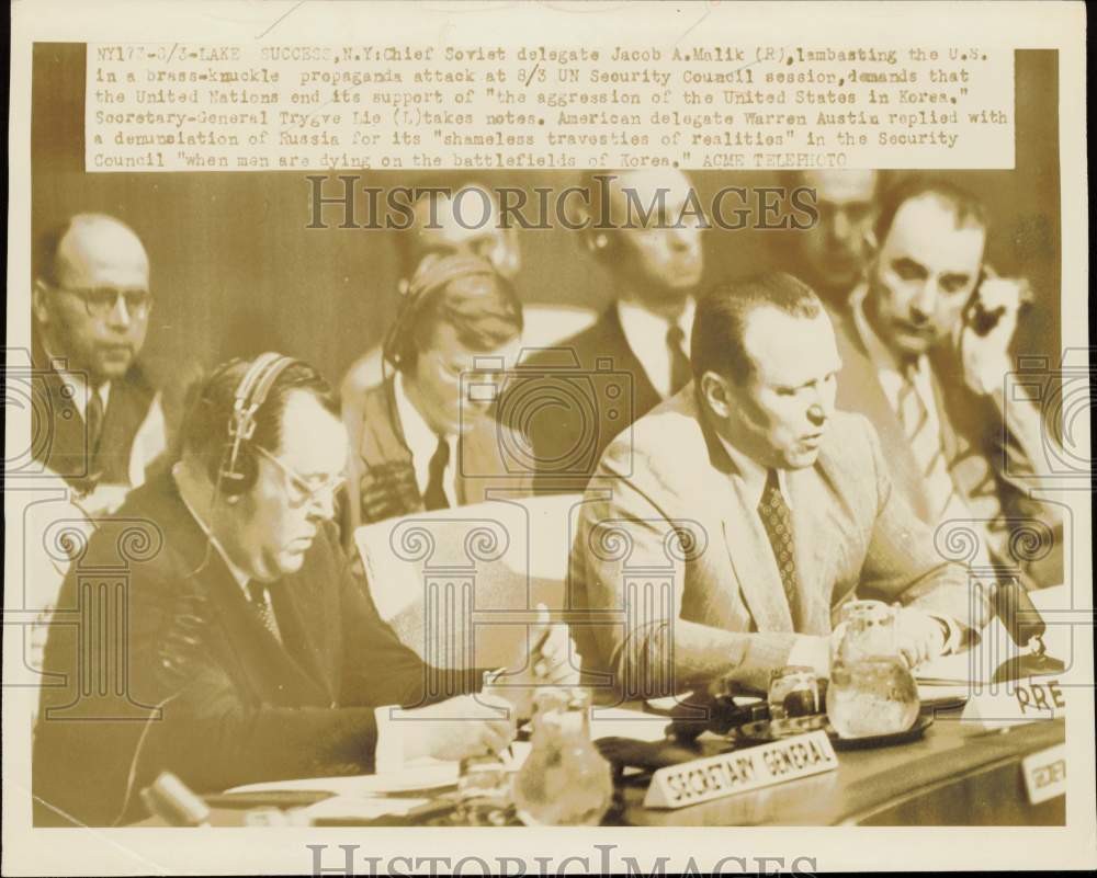 1950 Press Photo Jacob A. Malik speaking at UN Security Council session, N.Y.