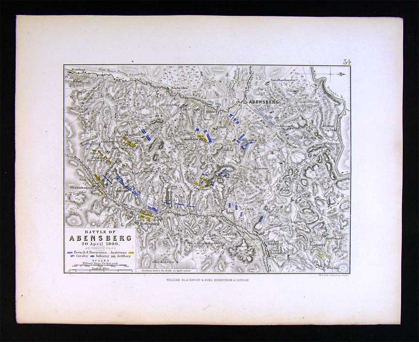 1855 Johnston Military Map - Napoleon Battle of Abensberg 1808 - Bavaria Germany