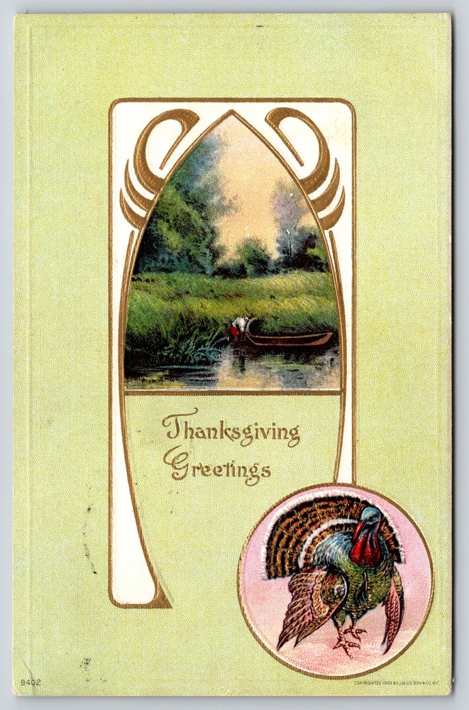 Holiday~Thanksgiving Greetings~Turkey & Boat In Marsh Scene~PM 1909~Emb~Postcard