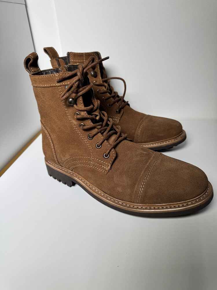 Frye Russell Men’s 9.5M Tan Suede Leather Combat Boots Lace Up Zip Ankle New