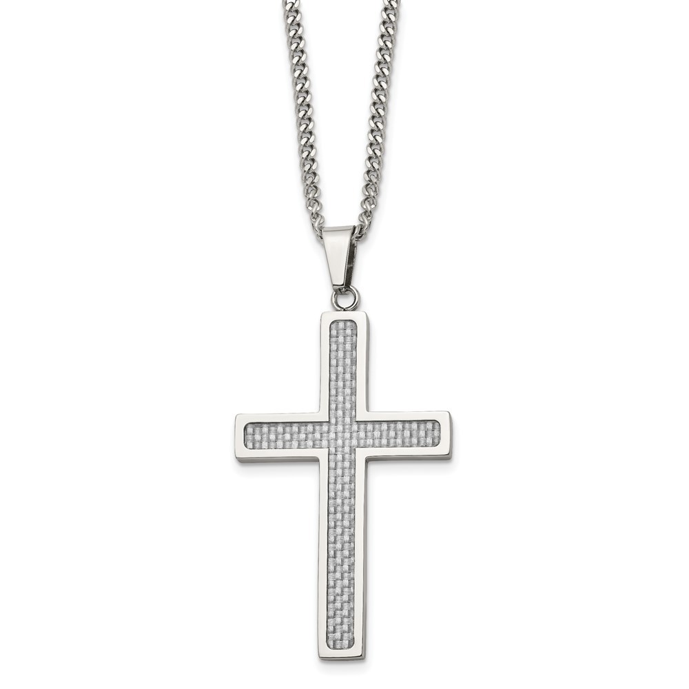 Stainless Steel Grey Carbon Fiber Cross Pendant Necklace 20 Inch Chain