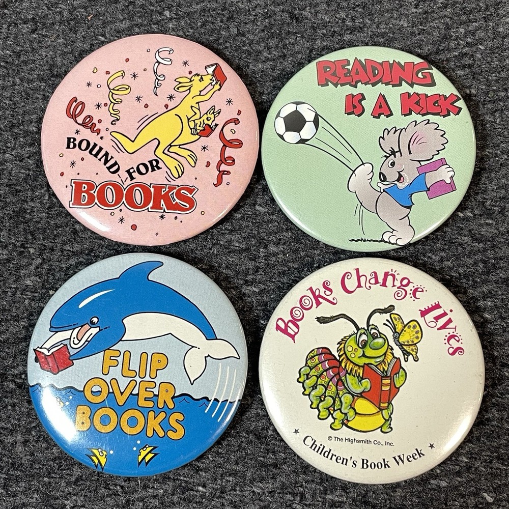 Vintage 80s 90s Reading Pinback Button Lot 4 Library School Literacy Book Week