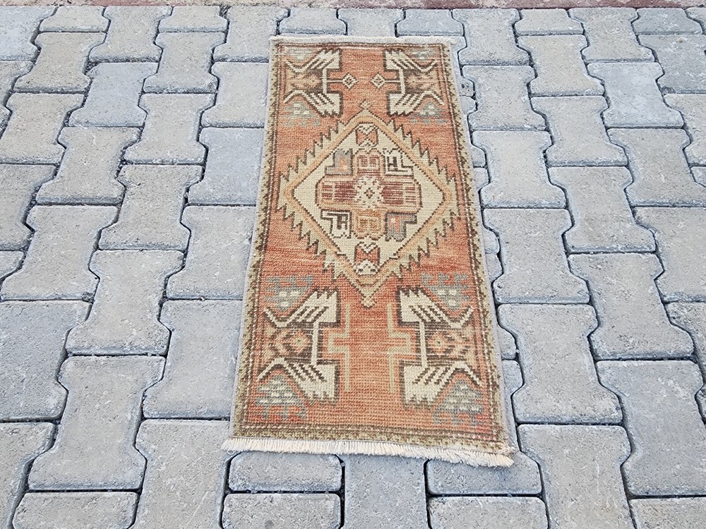 Mini Turkish Oushak Rug 1.4x3 ft Orange Cream Tribal Medallion Wool Vintage