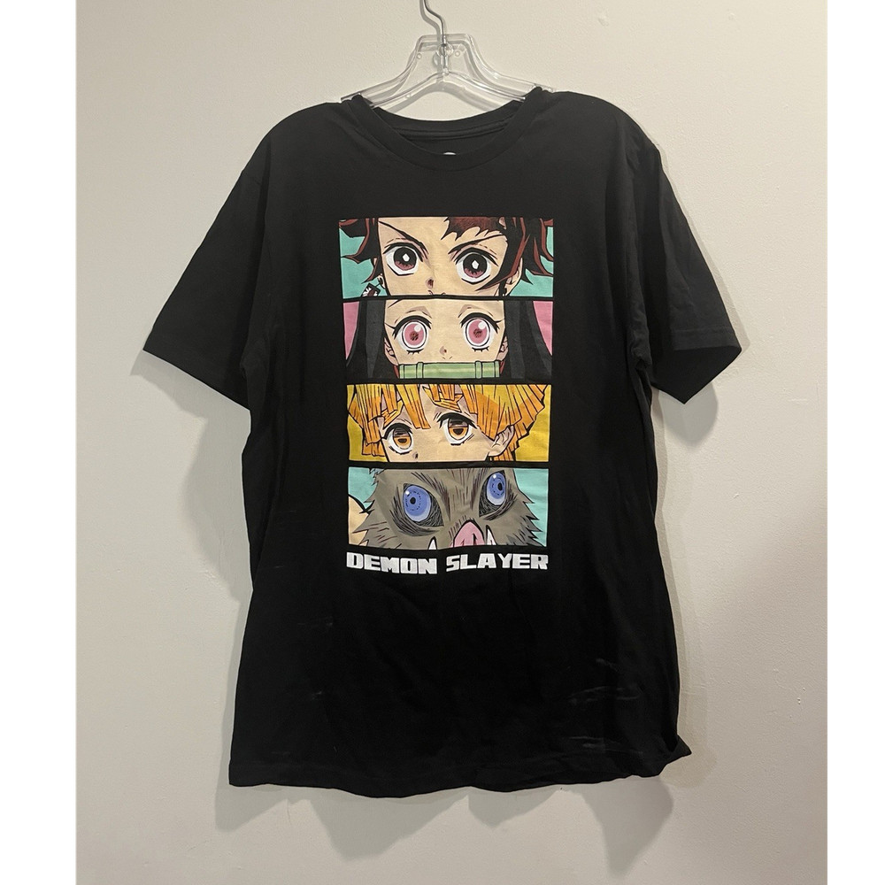 Demon Slayer Zenitsu Inosuke Graphic Black Men's L Cotton Short Sleeve T-Shirt