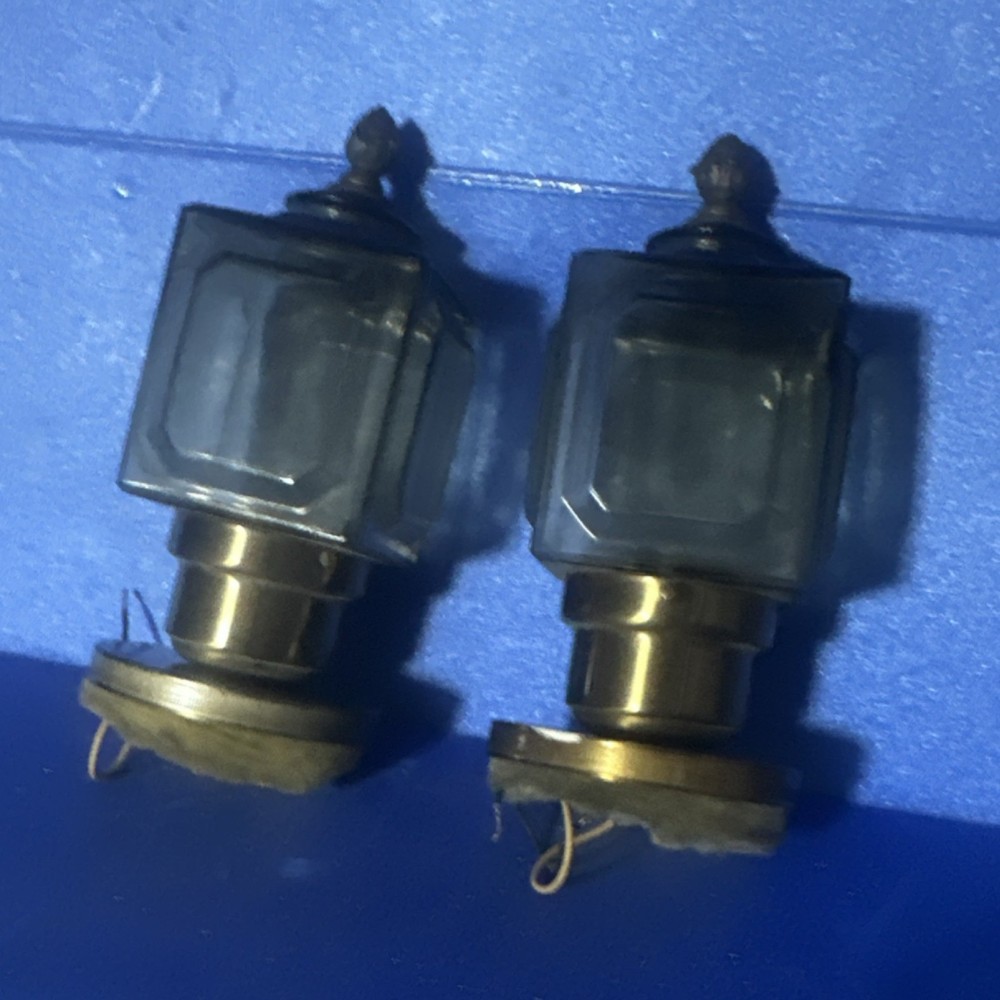 Pair of Antique Brass Carriage Lamps Black Glass Square Shade Vintage Design
