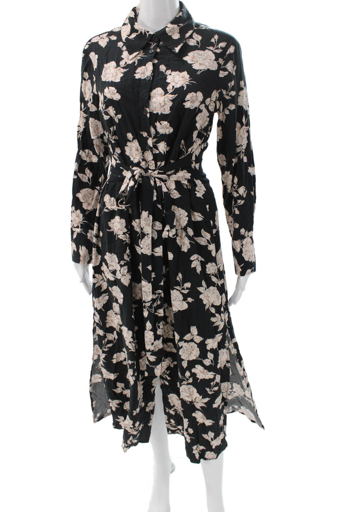 MNG Womens Black Viscose Floral Collared Long Sleeve Shirt Dress Button Size 4Free Shipping in US $100+ Orders | $6.95 Orders Below