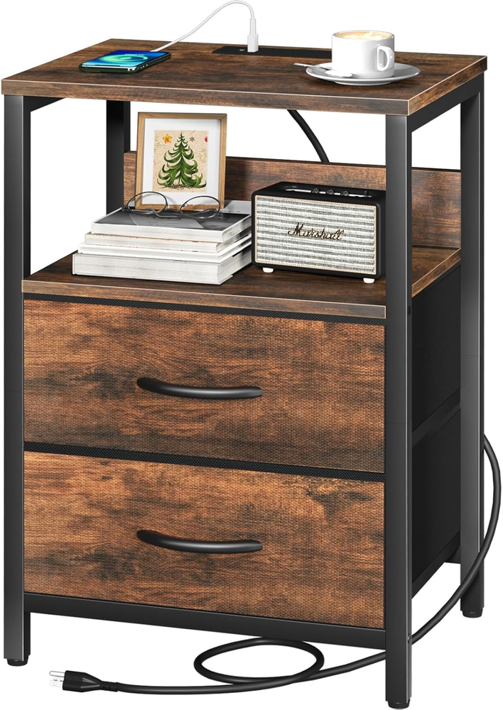 Compact Nightstand Charging Station with Fabric Drawers and Storage Shelf