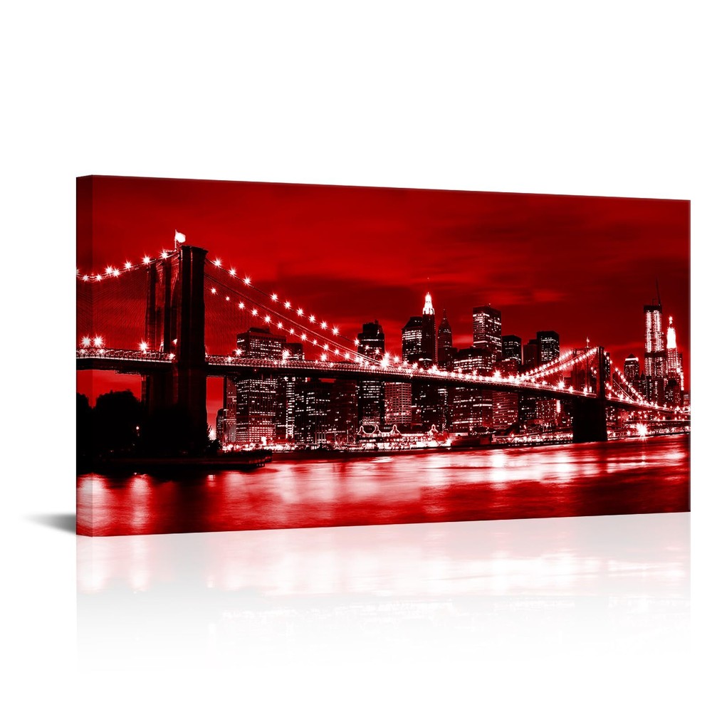 sechars New York City Wall Art Canvas Black and White Red Brooklyn Bridge Nig...