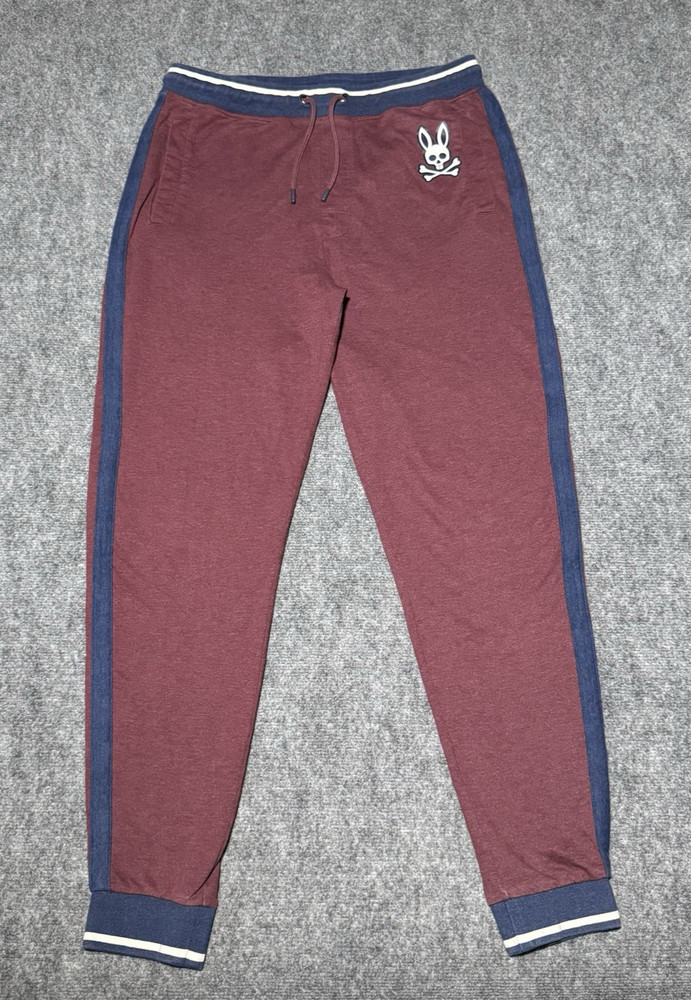 Psycho Bunny Pants Mens Large Burgundy Blue Joggers Lounge Sweatpants Pockets