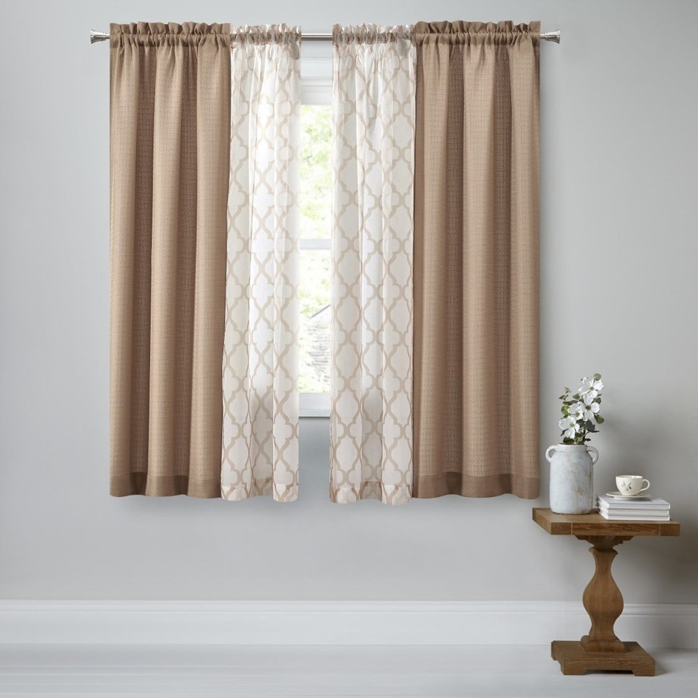 Mainstays Curtain and Sheers Set, 4 Panels, Tan, 27.5
