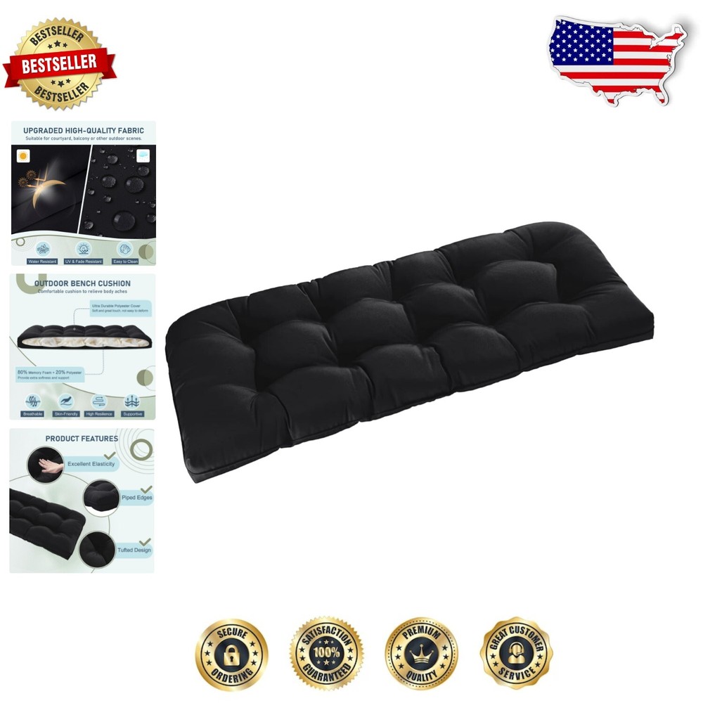Resilient Outdoor Bench Cushion - Black Waterproof Tufted Design, 44'' x 19''